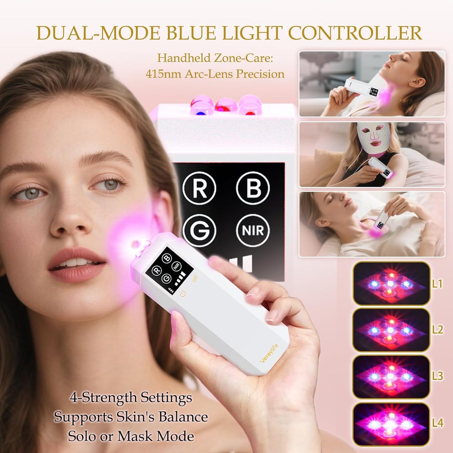 Red Light Therapy Mask for Face, LED Facial Mask, Skin Care Light with near Infrared 850Nm & Adjustable Blue Light, Portable Home Device with 7 Colors & 8 Modes, 432 Beads Pro Leds (White)